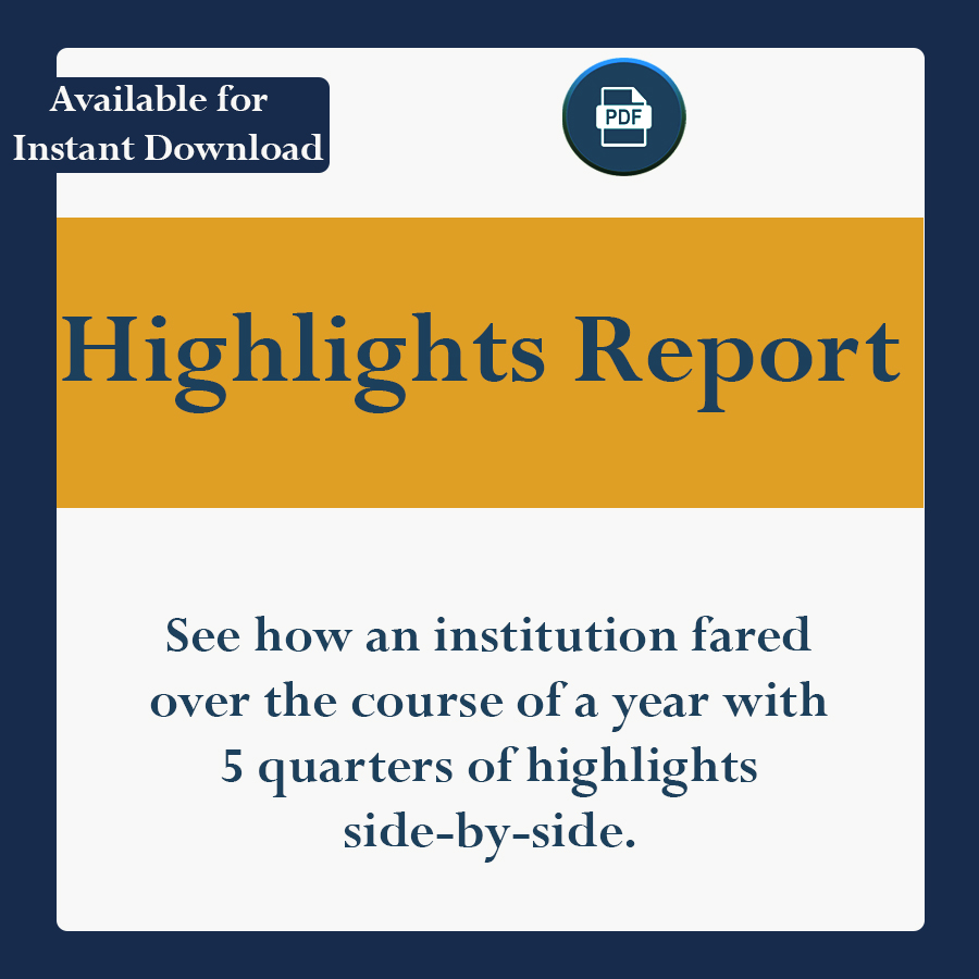 See how an institution fared over the course of a year with 5 quarters of highlights side-by-side.