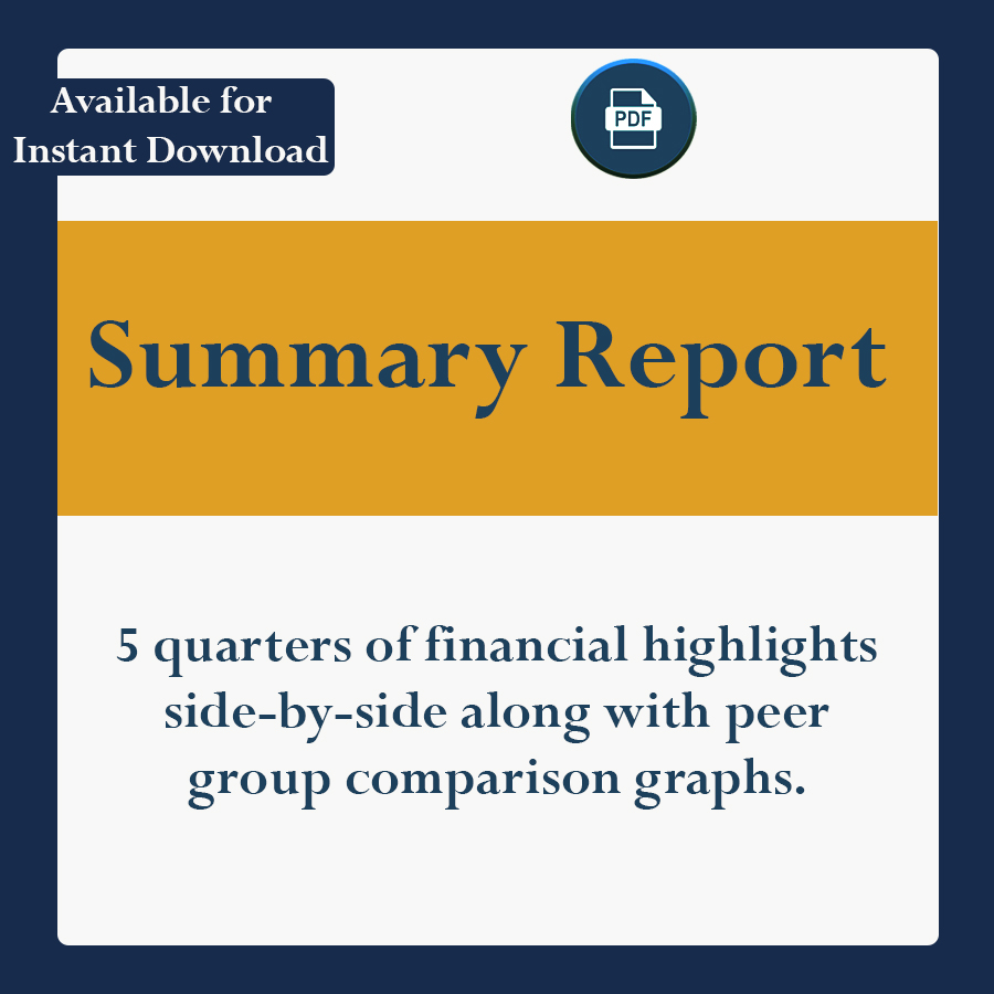 5 quarters of financial highlights side-by-side along with peer group comparison graphs.