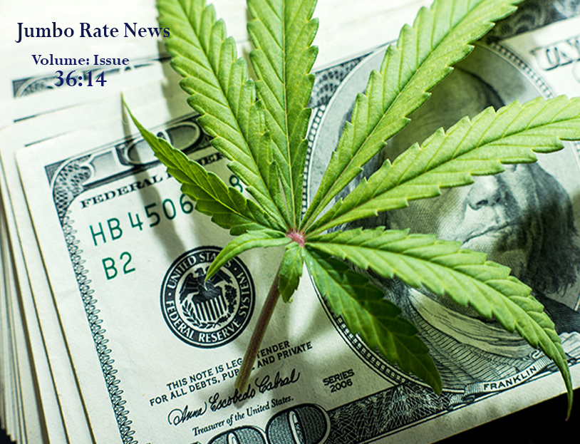 Image of currency overlaid with a marijuana (weed) plant stem